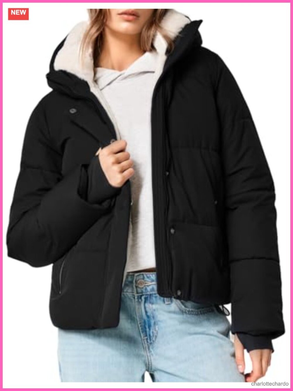 Sherpa Fleece Cropped Puffer Jacket Hooded Quilted Winter Coat